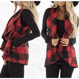 Flannel Vest Red & Black Buffalo Plaid Draping Open Front with Pockets